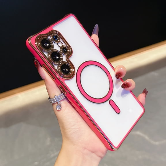 Compatible with MagSafe For Samsung Galaxy A15 Case,Clear Phone Case with Luxury Rose Gold Electroplated Bumper & Camera Lens Protection, Slim Shockproof Cover for Women Girls,Red