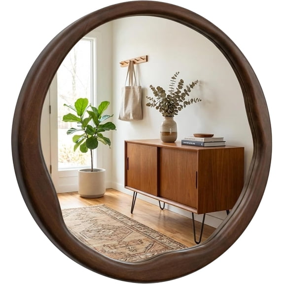 Round Dark Wood Mirror 24 Inch, Irregular Wavy Inner Frame Wall Mirror for Powder Room, Guest Bath, Solid Wood Asymmetrical Modern Decor