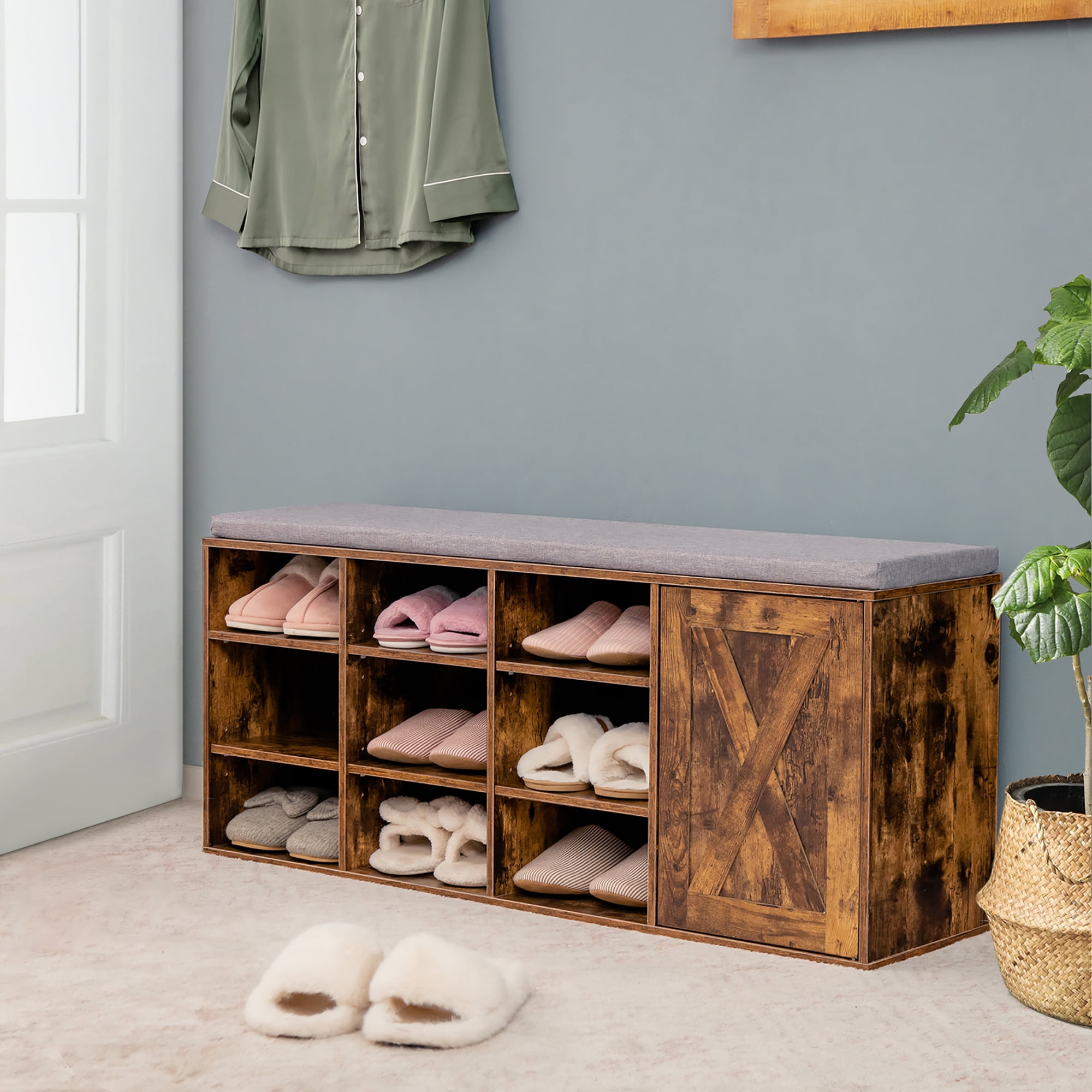 Costway Shoe Bench w/Padded Cushion 9-cube Adjustable Storage Shoe Rack Rustic Brown