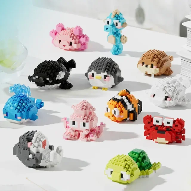 Nuevos bloques de construcción de la serie de vida marina, tortuga, beluga, caballito de mar, cangrejo, pulpo, tiburón, pez payaso, ballena asesina, juguetes ensamblados