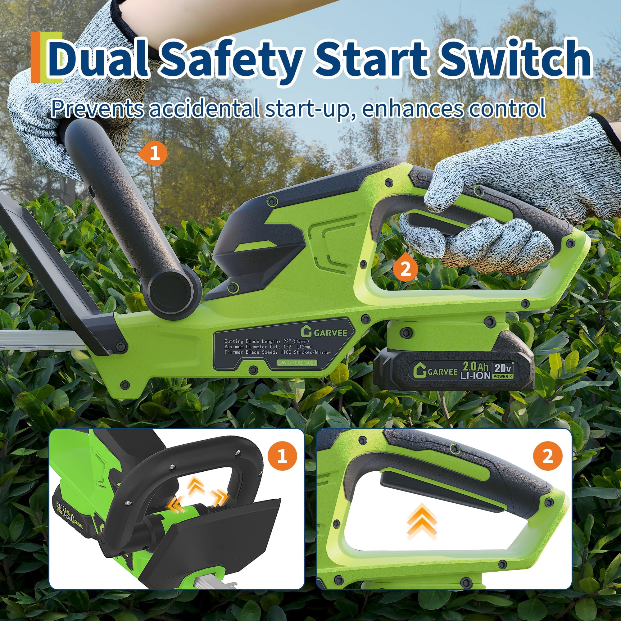 Hedge Trimmer Cordless, 22 Inch Electric Hedge Trimmer, 20V Bush Trimmers with 2 2.0Ah Batteries and Charger, Handheld Electric Trimmers, Lightweight and Easy to Use, for Garden, Horticulture, Lawns