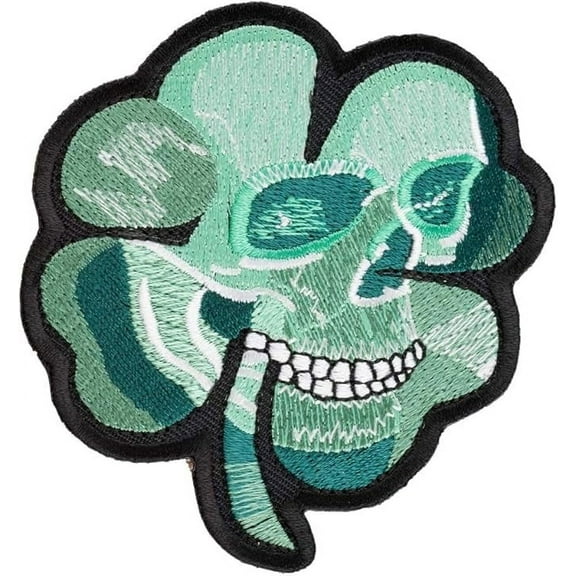 Green Lucky Clover Skull Patch, Irish Biker Patches