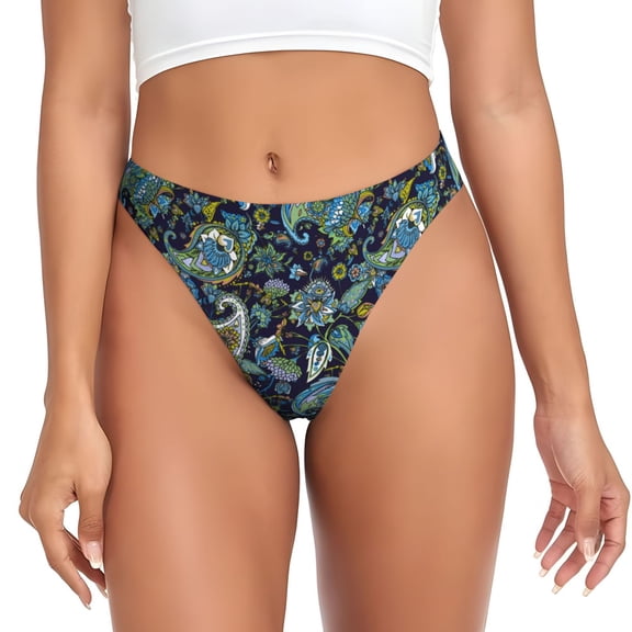 Thongs for Women - Paisley Pattern Blue Green No Show Seamless Womens Thongs Underwear, Breathable G String Thongs for Women, Ladies Stretch Low Rise Thong Bikini Panties Briefs