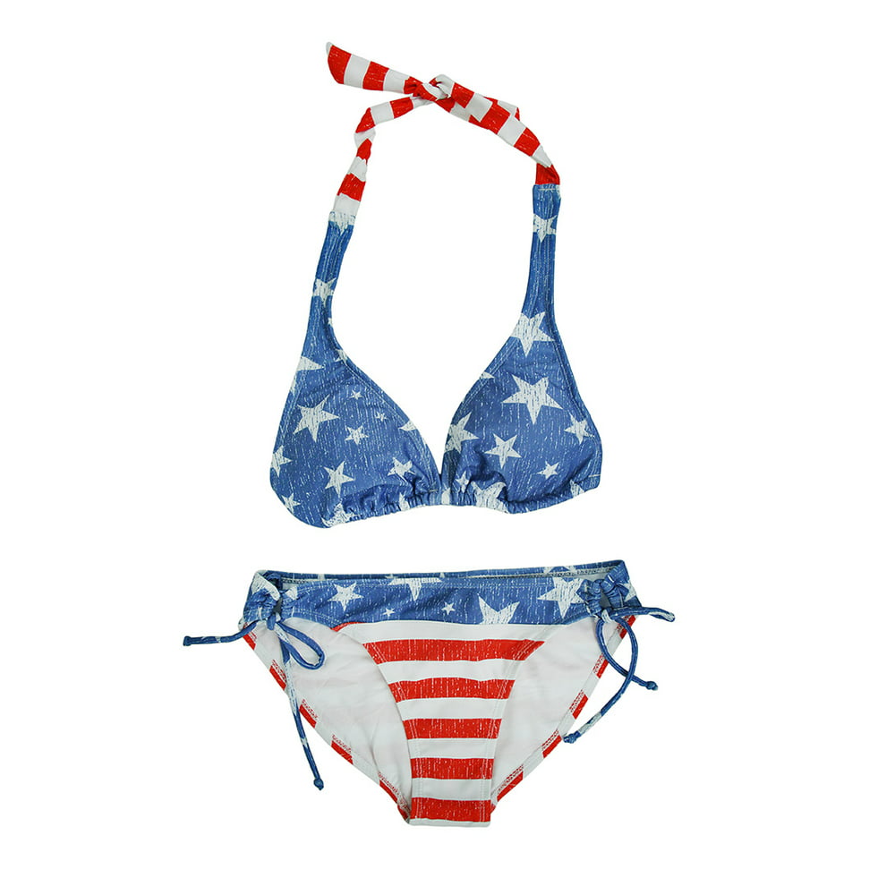 Calhoun - distressed stars and stripes american flag halter top bikini ...