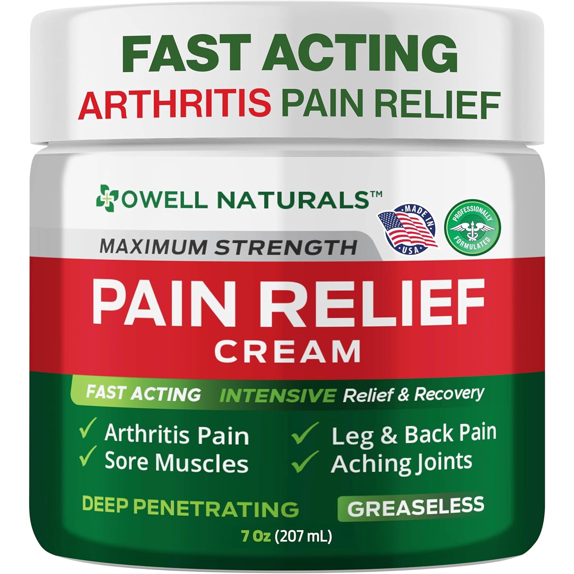 Owell Naturals Deep Penetrating Pain Relief Cream 7 oz Muscle & Joint Cream Fast Absorbing Non Greasy Menthol Body Cream