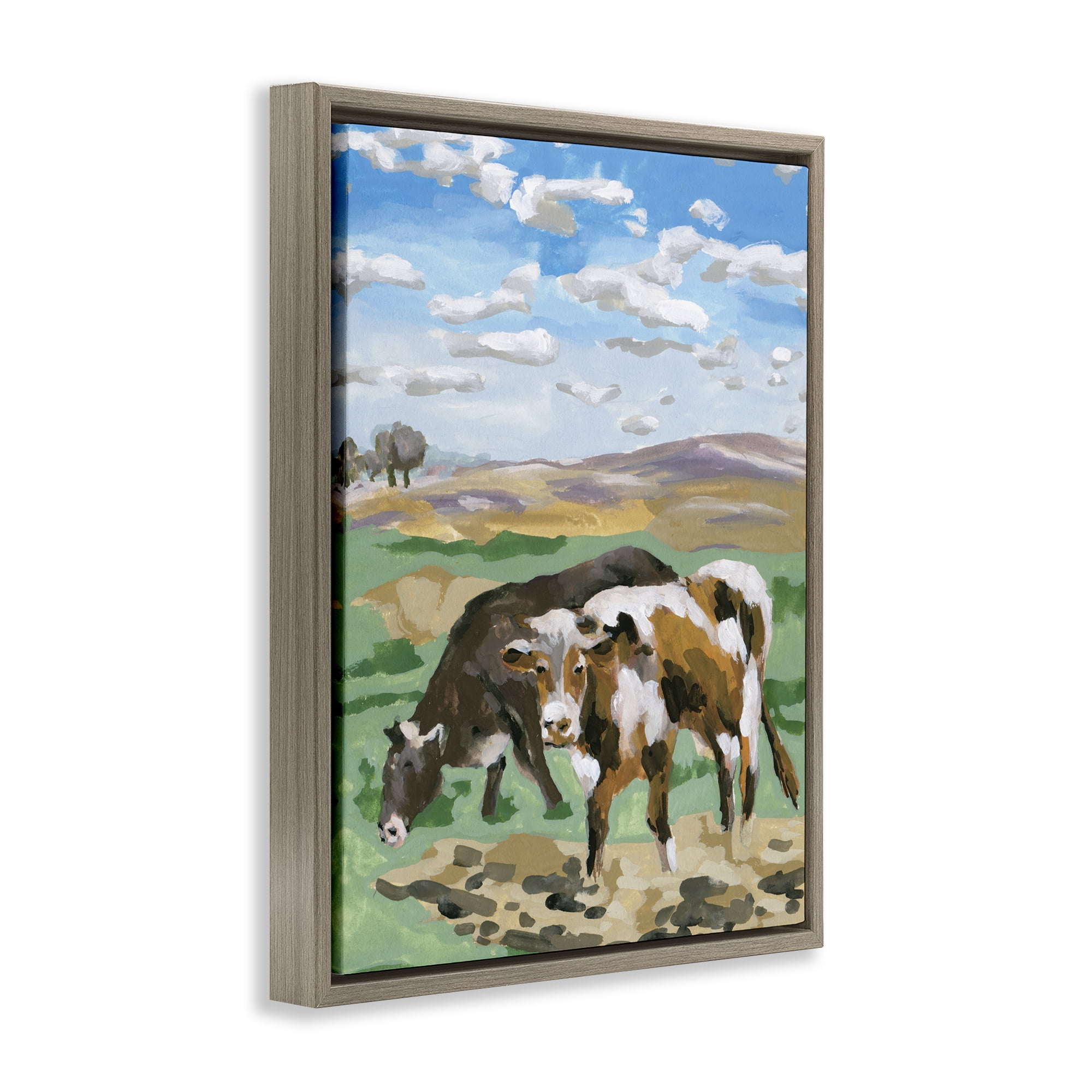 Stupell Industries Grazing Cattle Landscape Animals Painting Brown Floater Framed Canvas Art Print Wall Art, 17 x 21