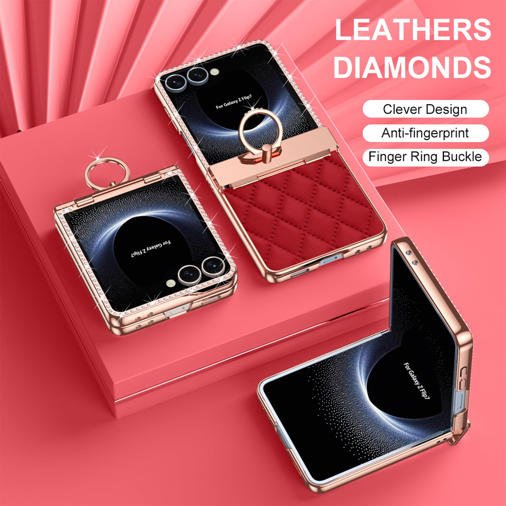 for Samsung Galaxy Z Flip 7 Case Hinge Protection with Finger Ring Holder, Premium PU Leather Hybrid PC All-Inclusive Diamond Bling Phone Case for Samsung Galaxy Z Flip 7 5G, Red