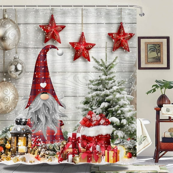 Christmas Gnome Fabric Shower Curtain, Christmas Tree and Colorful Gift Boxes Shower Curtain for Bathroom, Xmas Rustic Farmhouse Bathroom Curtain with Hooks 69 x 70 Inch
