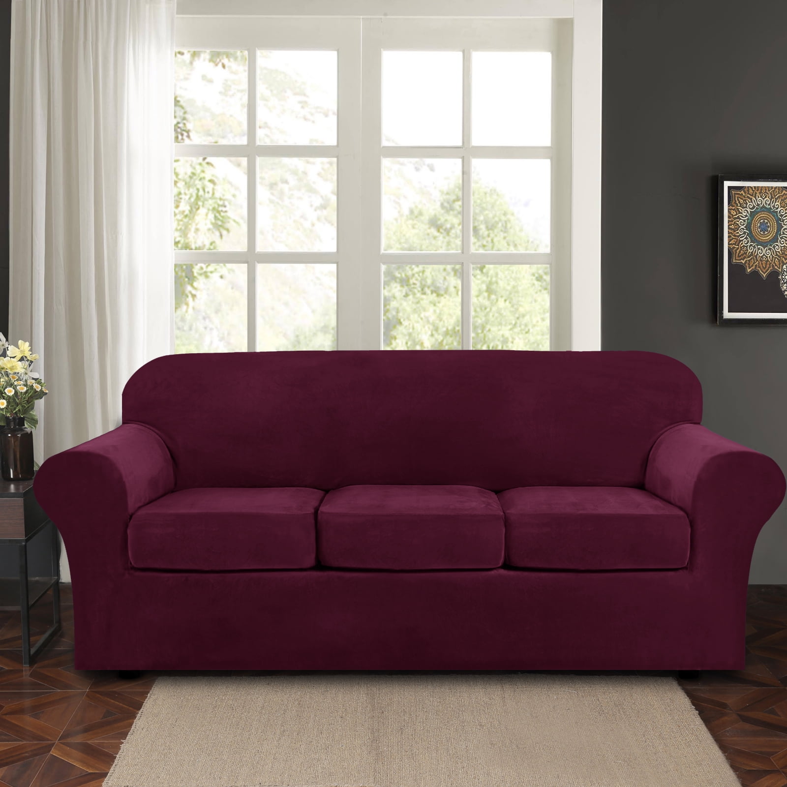 Shanna Velvet Couch Cover 4 Piece Sofa Covers Slipcover for 3 Cushion Couch,3 Separate Cushion Covers, Couch Covers for Dogs