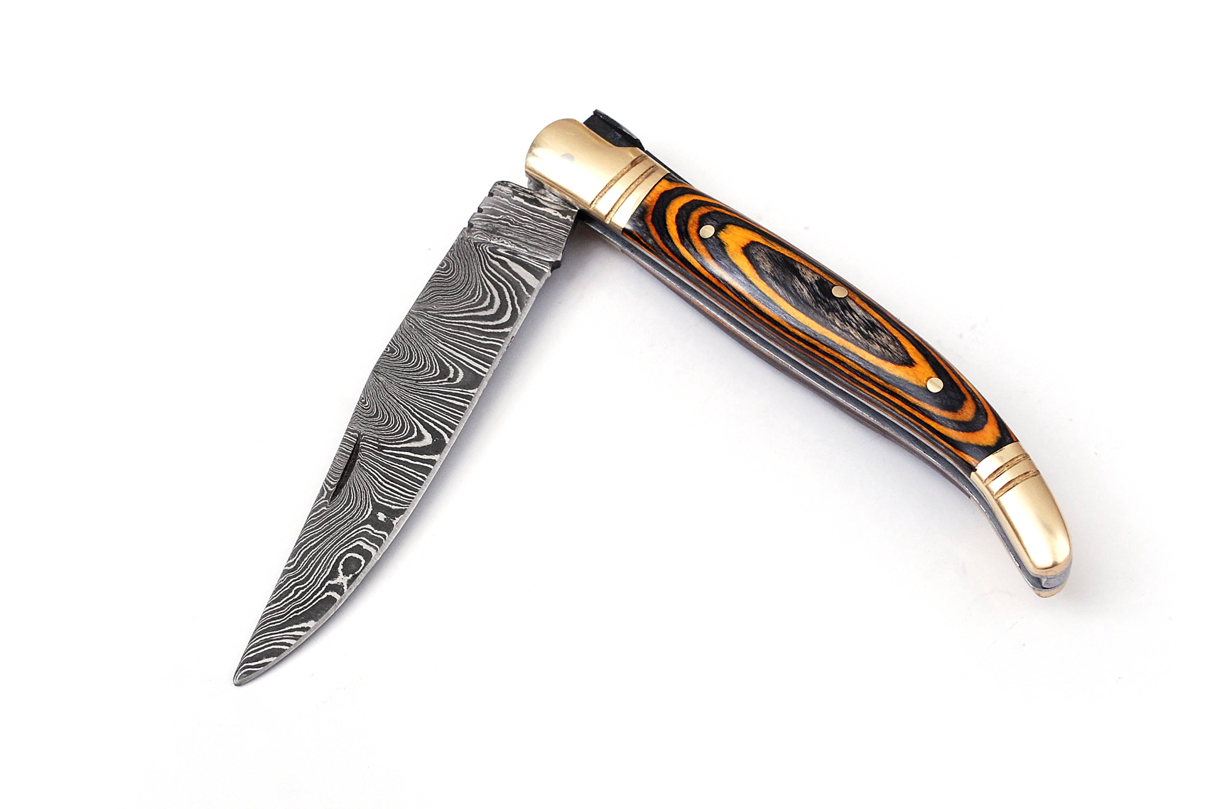 Damascus steel folding knife with leather sheath, 8.5 inches long laguiole pocket knife with 4 inches long Damascus steel Blade, 4.5 inches Orange and black multi colored wood scale with Brass bolster