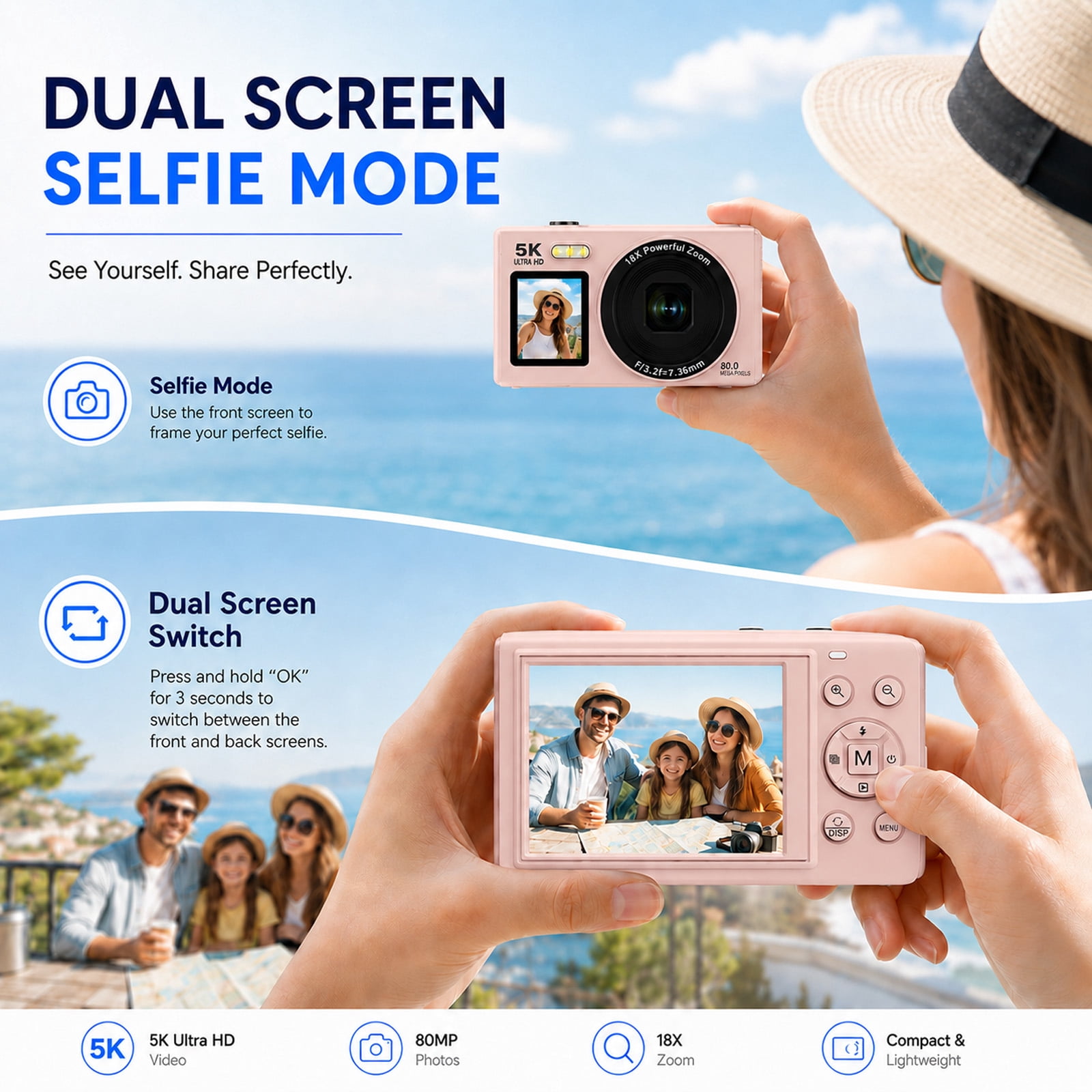 5K 80MP Digital Camera, Dual Screen WiFi Point-and-Shoot Camera with 18X Zoom, Flash and 64GB Card for Vlogging, Teens and Adults, Pink