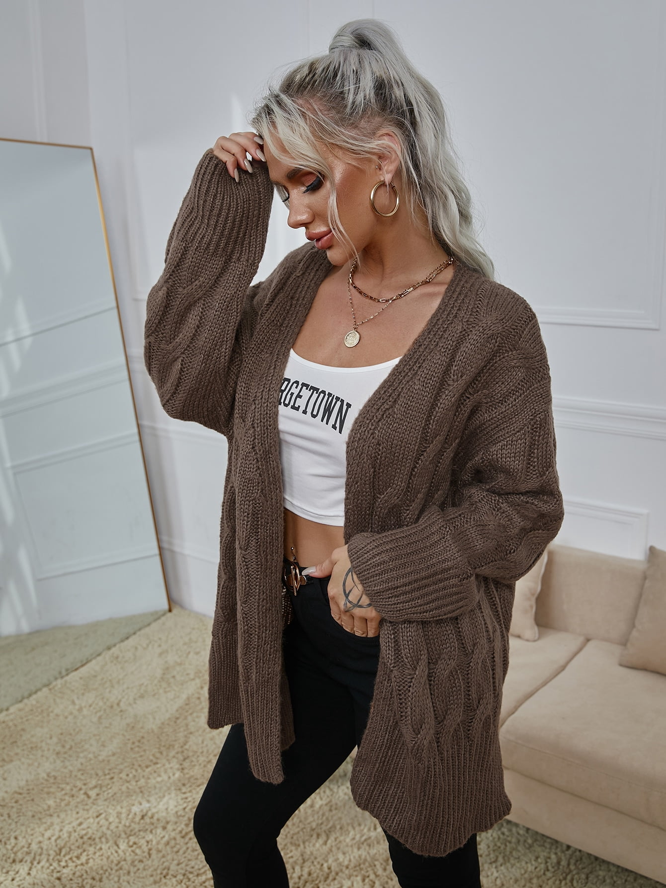 Mocha Brown Cable Knit Belted Drop 
