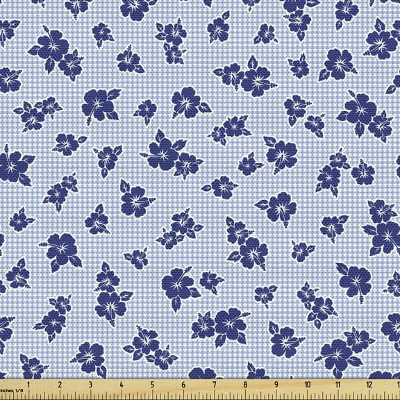 Aloha Fabric by the Yard, Print of Tropical Hibiscus Flowers Scattered on a Background of Squares, Decorative Upholstery Fabric for Sofas Home Accents, 5 Yards, Ceil Blue Dark Lavender by Ambesonne