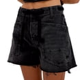thumbnail image 3 of Women's High Waisted Denim Shorts, Baggy Distressed Hem Jean Shorts, Elastic Drawstring Waist Casual Straight Leg Shorts, Loose Fit Ripped Casual Summer Shorts Black L, 3 of 8
