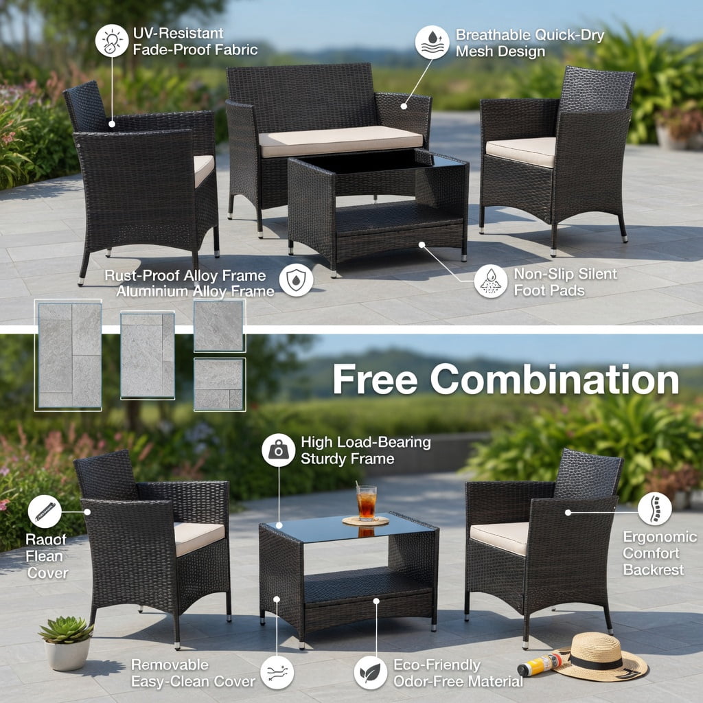 Hommoo 4-Piece Outdoor Patio Conversation Set, PE Rattan Loveseat & Armchairs with Tempered Glass Coffee Table and Removable Cushions, Black