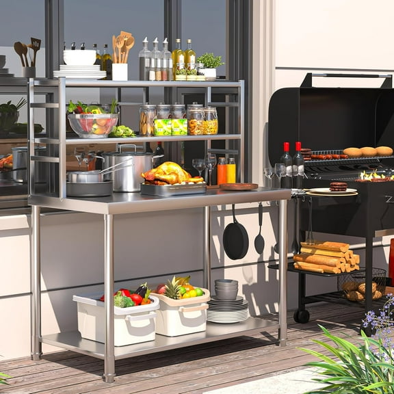 Stainless Steel Prep Table 48"x24" with 2 Adjustable Shelves Heavy Duty Commercial Kitchen Work Table Countertop for Garage Home Restaurant Warehouse