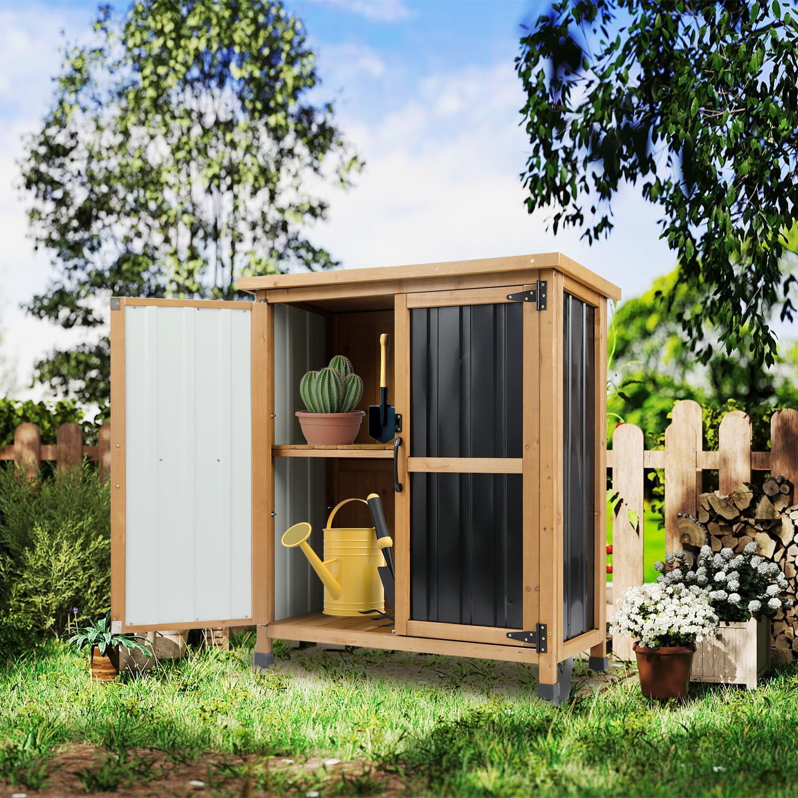 Gowoodhut Outdoor Storage Cabinet Wood Storage Shed Waterproof Roof, Double Lockable Doors Garden Shed with Removable Shelves for Patio, Garden