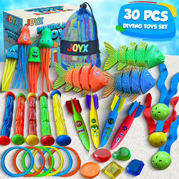 30 Pcs Diving Pool Toys Jumbo Set with Storage Bag Includes (5) Diving Sticks, (6) Diving Rings, (5) Pirate Treasures, (4) Toypedo Bandits, (3) Diving Toy Balls, (3) Fish Toys, (4) Stringy Octopus