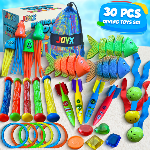 30 Pcs Piscine Jouets Jumbo Ensemble avec Sac de Rangement Comprend (5) Bâtons de Plongée, (6) Anneaux de Plongée, (5) Trésors de Pirates, (4) Bandits Toypedo, (3) Balles de Plongée, (3) Jouets de Poissons, (4) Poulpe Filandreux