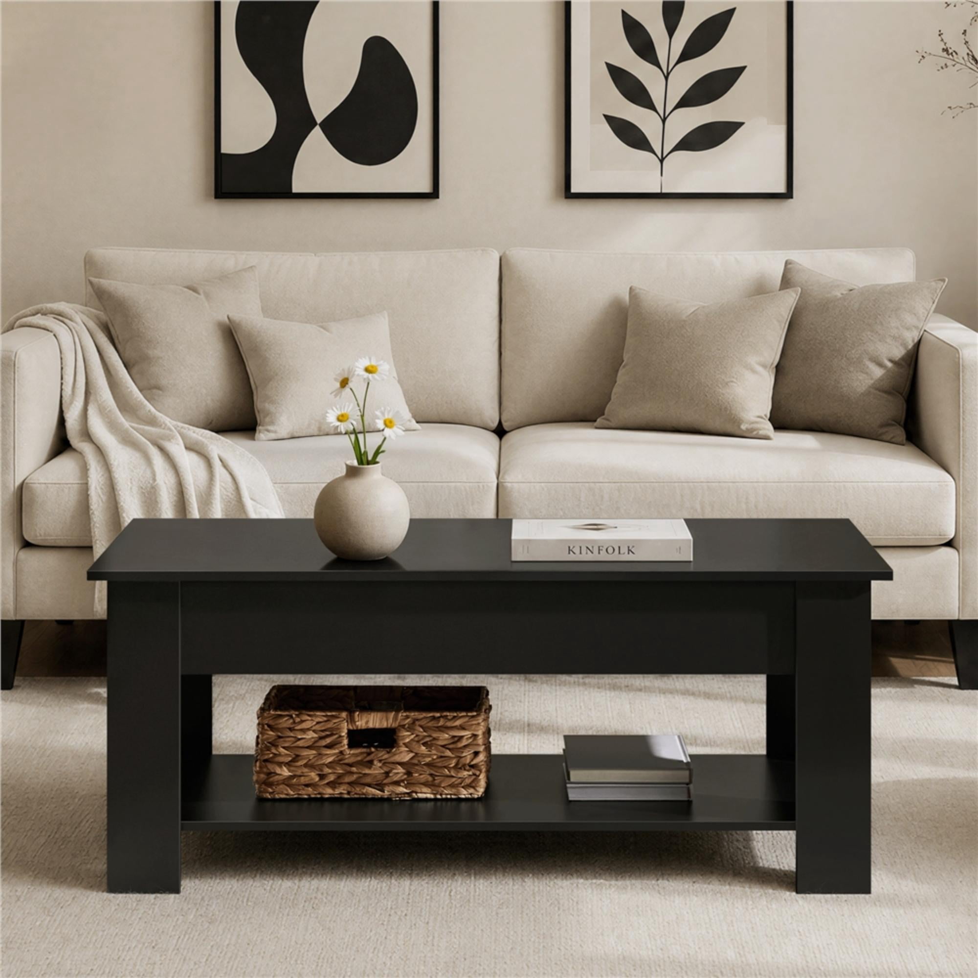 Alden Design Modern 47.5" Wood Lift Top Coffee Table with Lower Shelf for Livingroom, Black
