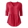 thumbnail image 6 of Yrmaups Loose Fit 3/4 Sleeve Peplum Top for Women, Casual V Neck Ruffle Blouse, Soft Stretch Tunic for Vacation Office Travel Everyday Outfit, Red 2XL, 6 of 6