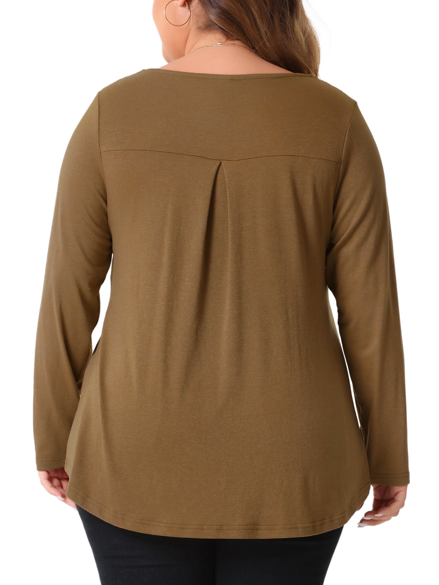 DARING DIVA Women's Plus Tops Notched Neck Front Pleated T-Shirt Blouses 1X Brown