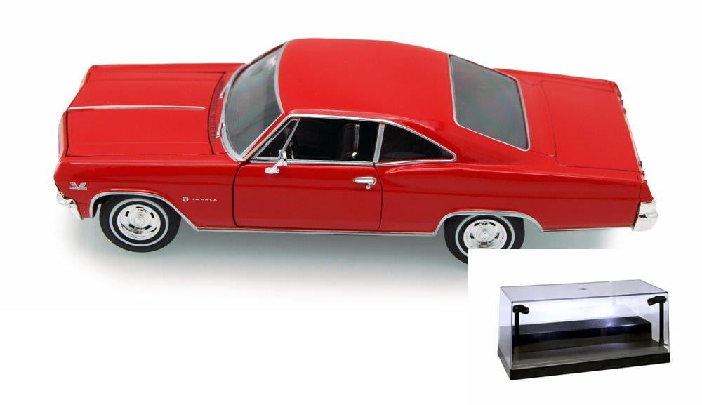 Diecast Car w/LED Display Case - 1965 Chevy Impala SS396, Red - Welly 22417  -1/24 scale Diecast Model Toy Car