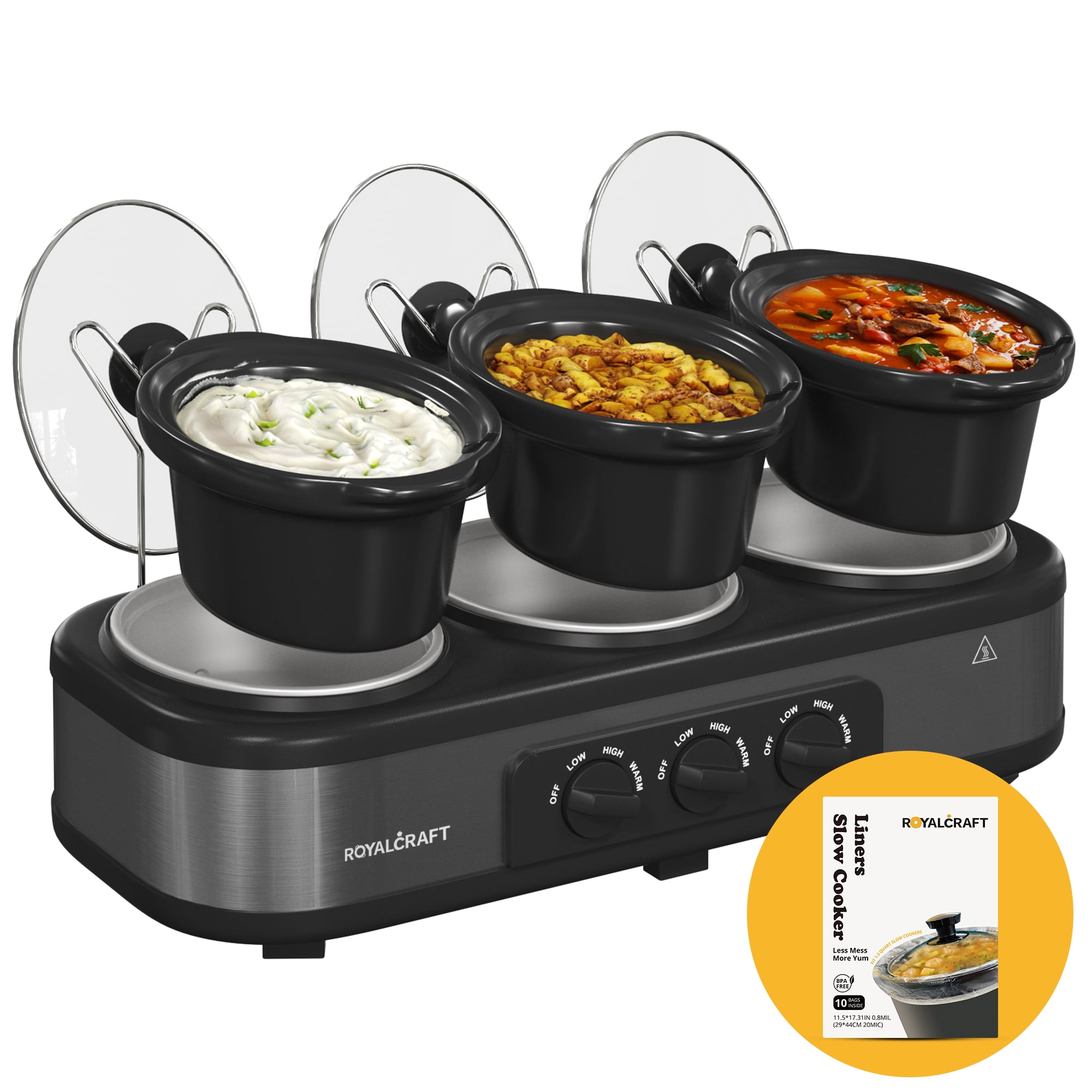 Royalcraft Slow Cooker with 10 Cooking Liners, 3 in 1 Buffet Servers Dips Pot, Food Warmers for Parties with 3 Spoons, Lid Rests, Removable Oval