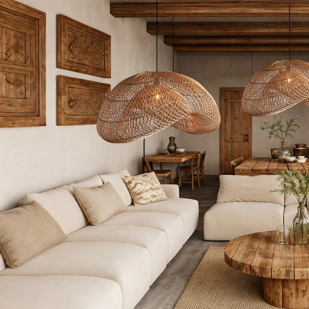 LittleGlovo Handmade Wabi-Sabi Rattan Woven Dining Room Pendant Lamp Wicker Light Fixture