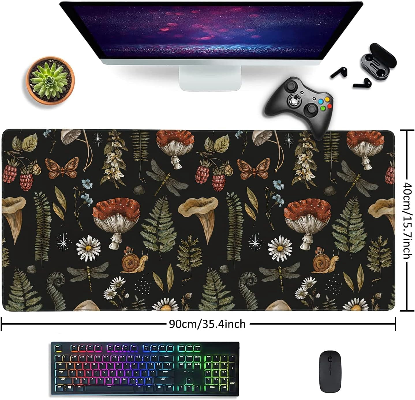 Vintage Mushroom Large Mouse Pad Extended Gaming Mouse Pad Waterproof Desk Mat with Stitched Edge,Non Slip Base Keyboard Mouse pad for Home Office 35.4" X 15.7"