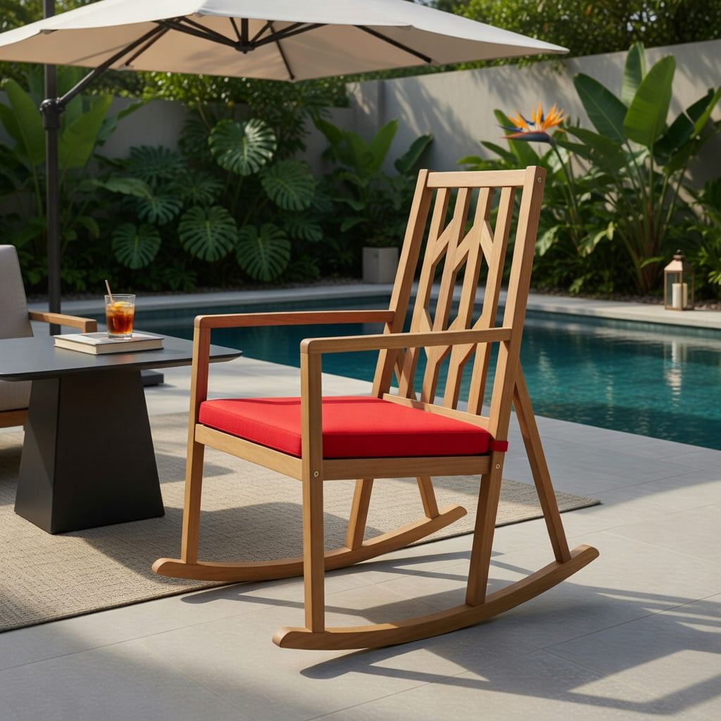 Hommoo Acacia Wood Patio Rocking Chair Sofa with Removable Cushion, Natural Wood Frame, Outdoor Garden & Deck Seating for Backyard, Poolside, Porch, Red