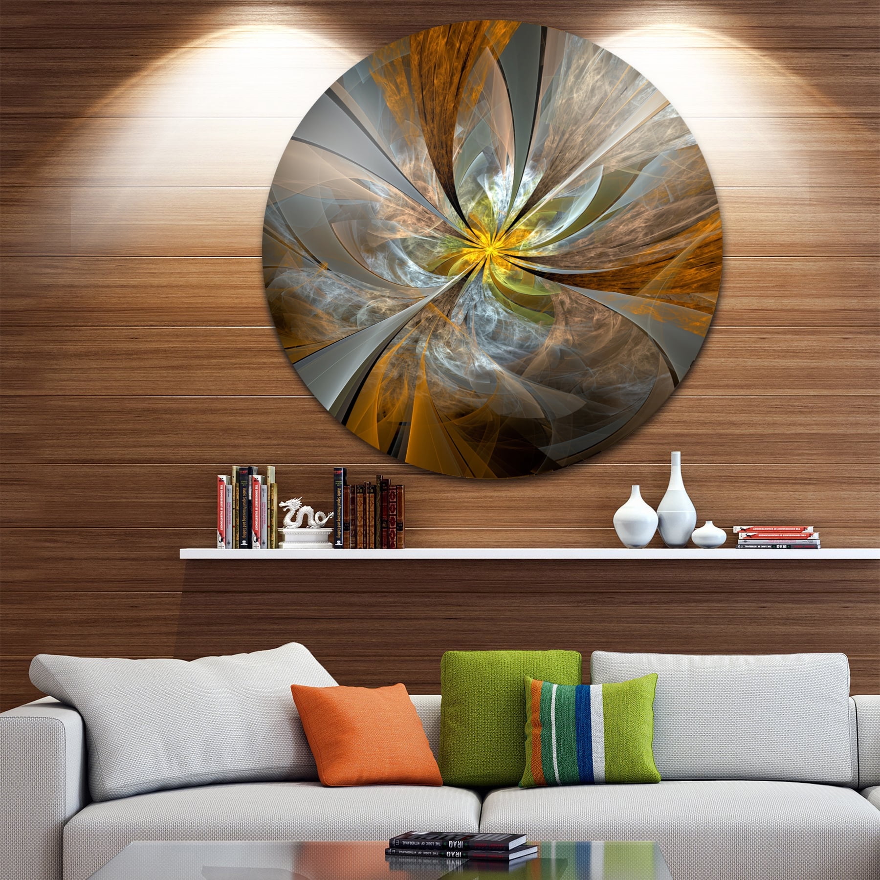 Designart 'Symmetrical Yellow Fractal Flower' Disc Large Contemporary Circle Metal Wall Arts