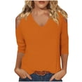 thumbnail image 2 of Teissuly Women's Fashionable Solid Color T-shirt 3/4 Sleeve Shirt V-neck Casual Top, 2 of 6