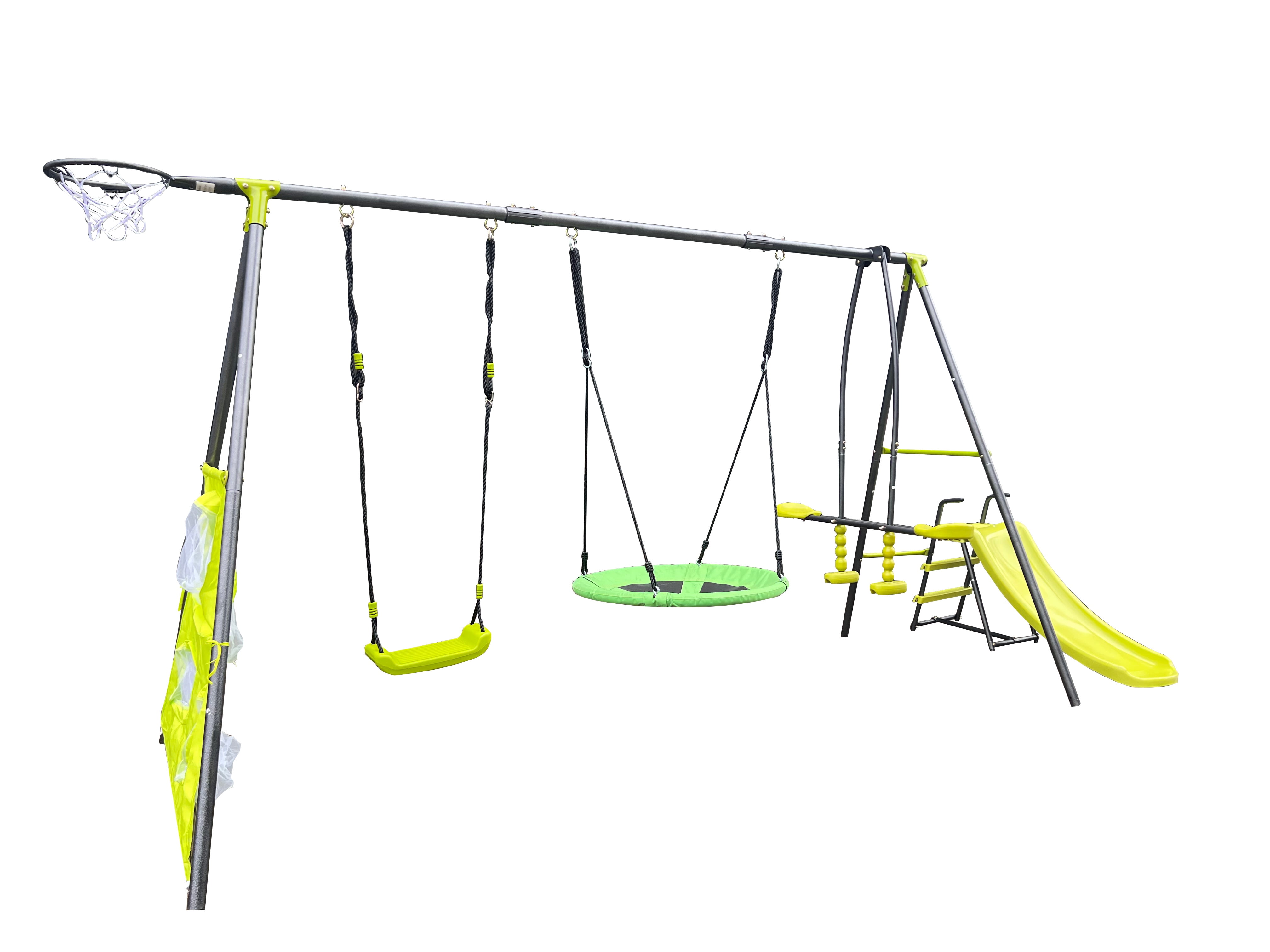 5 in 1 Outdoor Metal Swing Set with Seesaw Swing, Playground Swing Sets with Heavy-Duty A-Frame Metal Outdoor Stand, Swing Slide Playset for Kids with Basketball Hoop