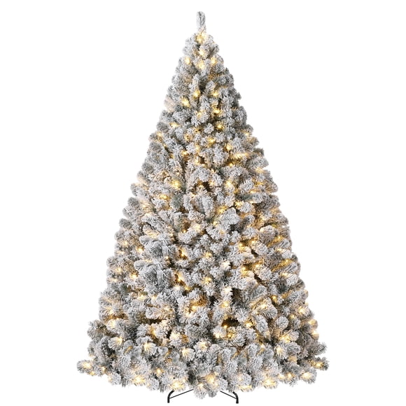 Bingirl 9-Foot Prelit Snow Flocked Fraser Fir Artificial Christmas Tree with 1800 Hinged Branches, Warm White and Multicolor LED Lights, 8 Modes, Foot Control, and Metal Stand