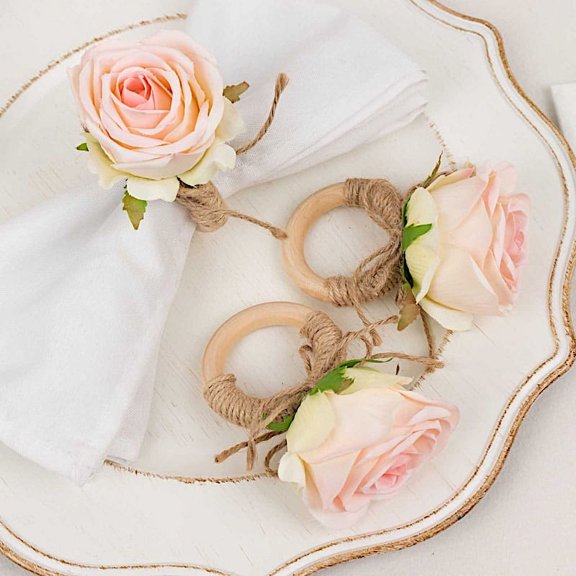 Balsa Circle 4 Natural and Blush Round Wood Napkin Rings Jute with Silk Rose Flower Party Decorations