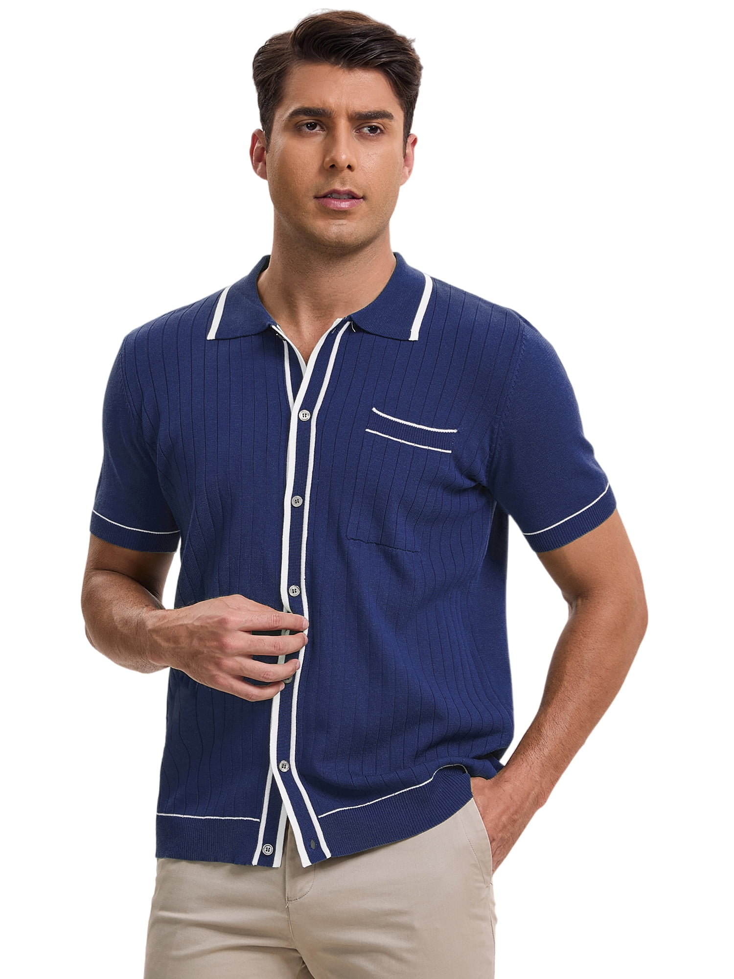 DARING DIVA Men's Knit Button Down Casual Vintage Short Sleeve Polo Shirt XL Dark Blue
