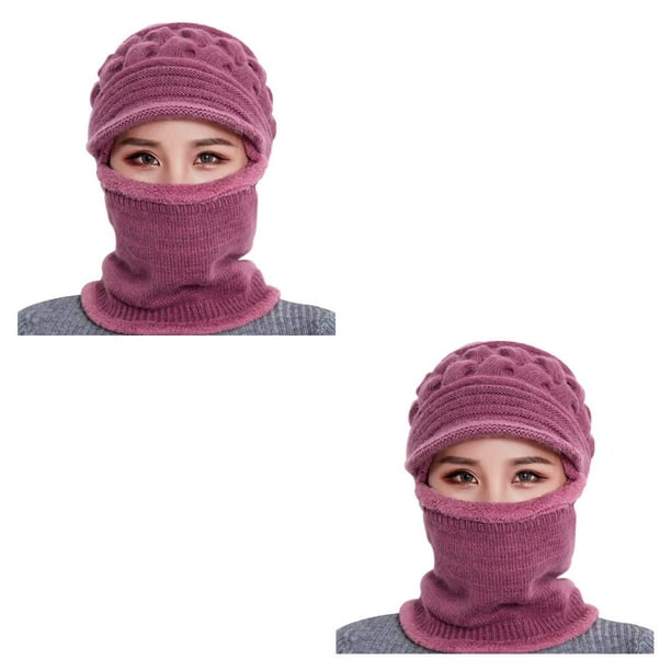 sweethay Gorro cálido de invierno para mujer, bufanda de punto de terciopelo a prueba de viento, gorro para niña que mantiene el calor, gorro para Cuero Rosa 2piezas sweethay CBP143573