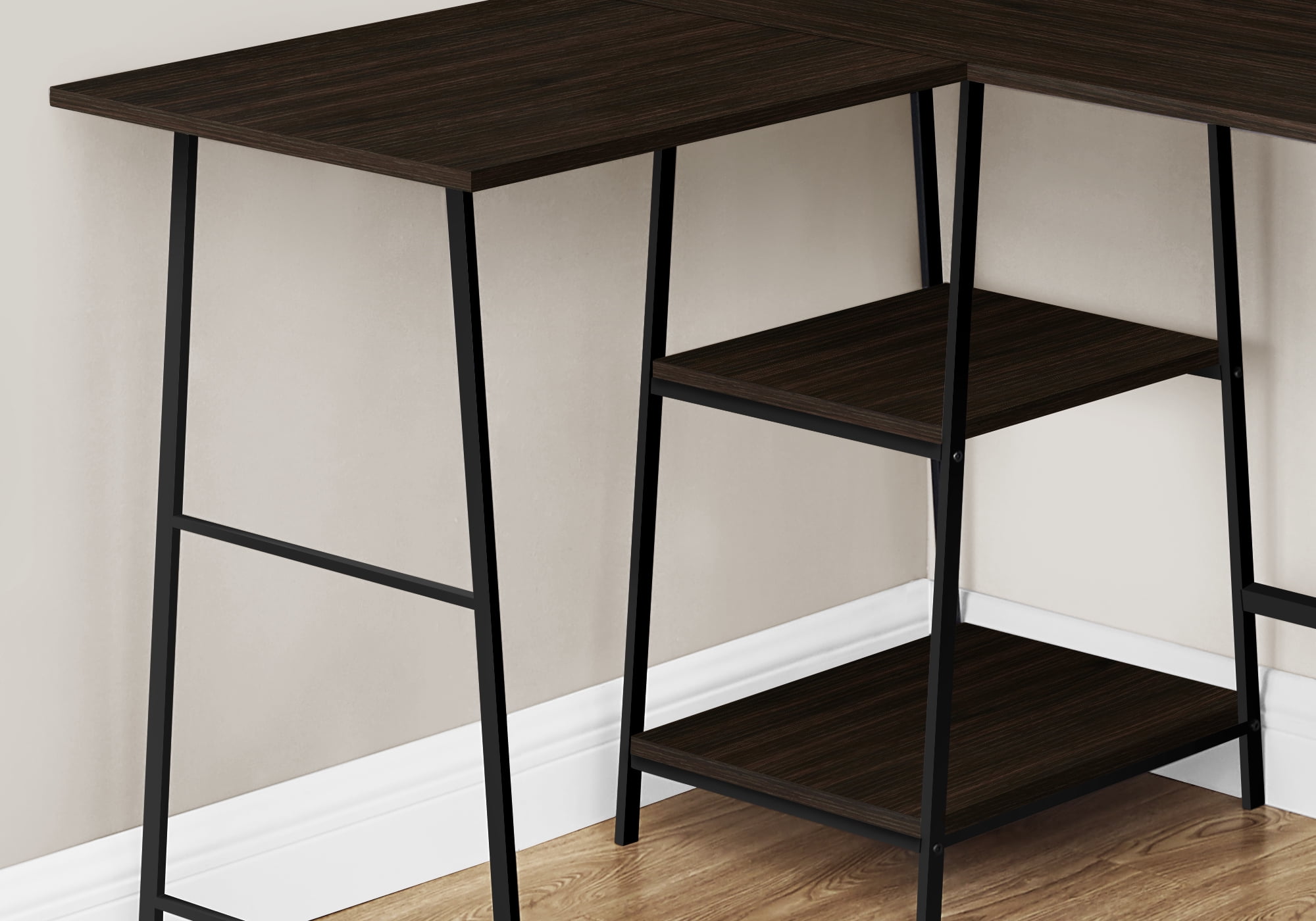 48 Inch L Shaped Espresso Brown Computer Desk with Black Sawhorse Legs and Shelves