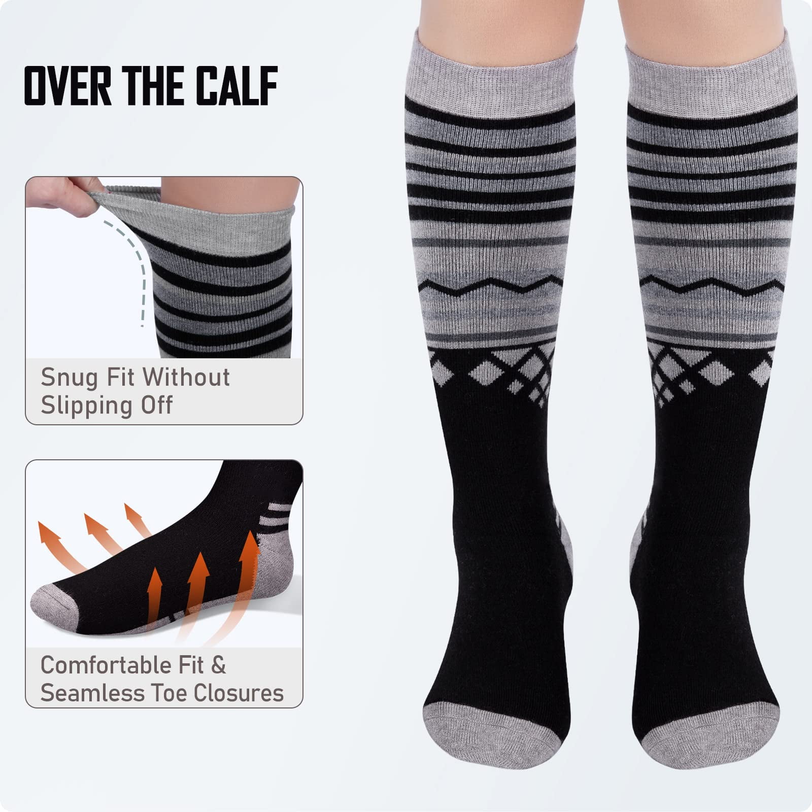 OutdoorMaster Ski Socks 2-Pack Merino Wool, Over The Calf Non-Slip Cuff for Men & Women
