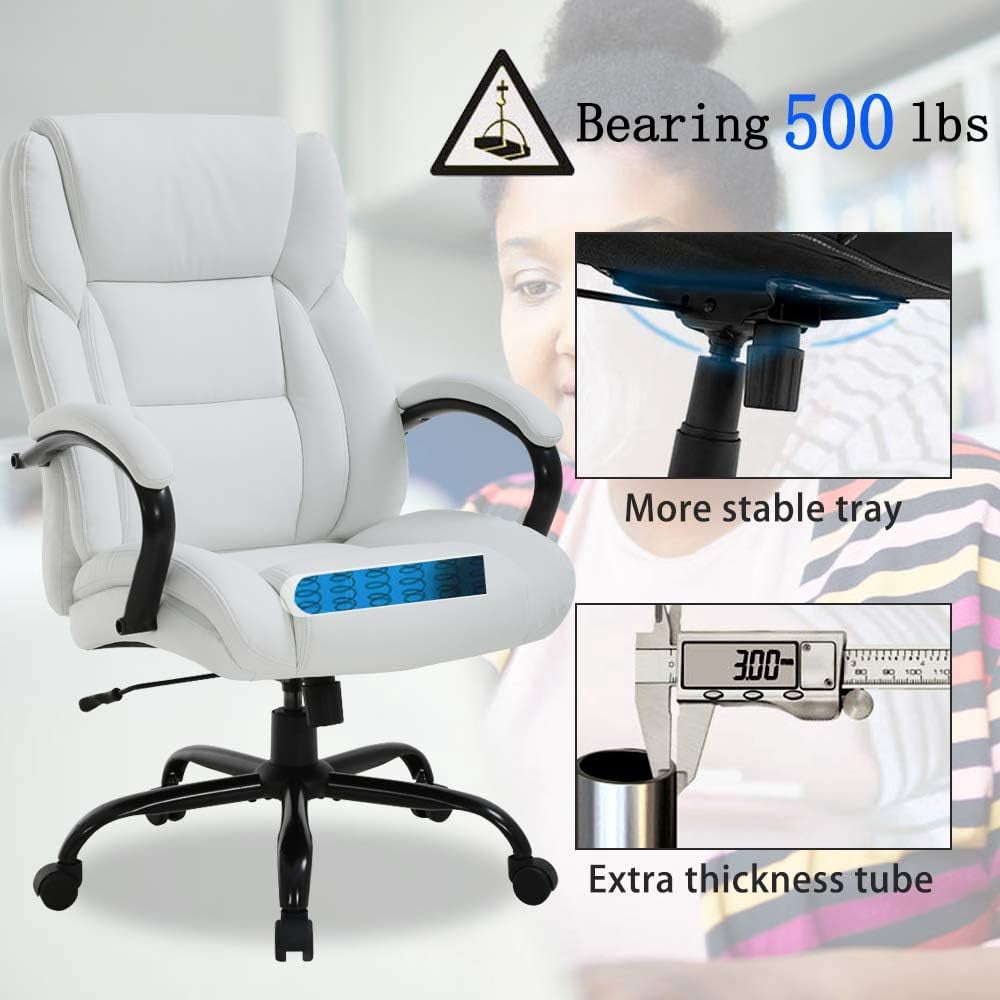 Dkelincs Big & Tall Executive Office Chair 500 lbs Capacity Heavy Duty Computer Desk Chair with Lumbar Support Armrest, White