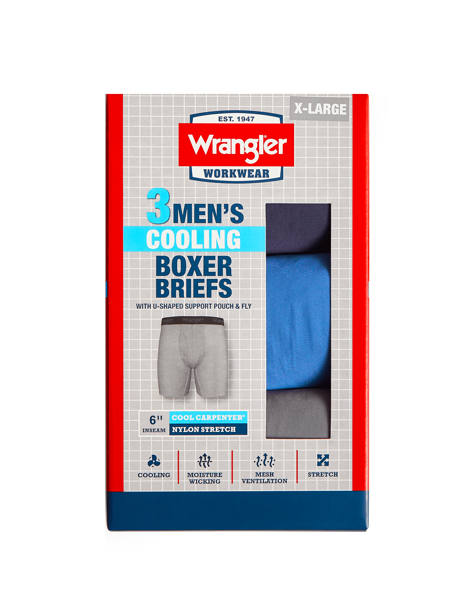 Wrangler Cool Carpenter 6" Boxer Briefs Men's Underwear, 3XL, Navy/Federal Blue/Charcoal, 3-Pack