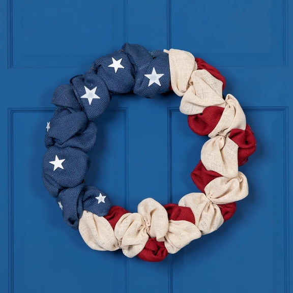 Northlight Americana Stars and Stripes Small Burlap Patriotic Wreath - 20" - Unlit