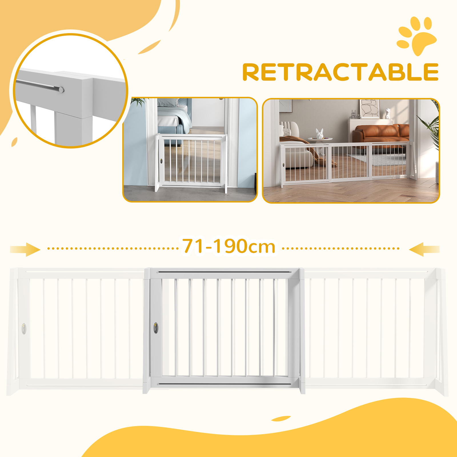PawHut Freestanding Pet Gate, Wooden Dog Gate with 28"-75" Retractable Length, Support Feet & Non-slip Mats for Indoor, Stairway, Doorway, White