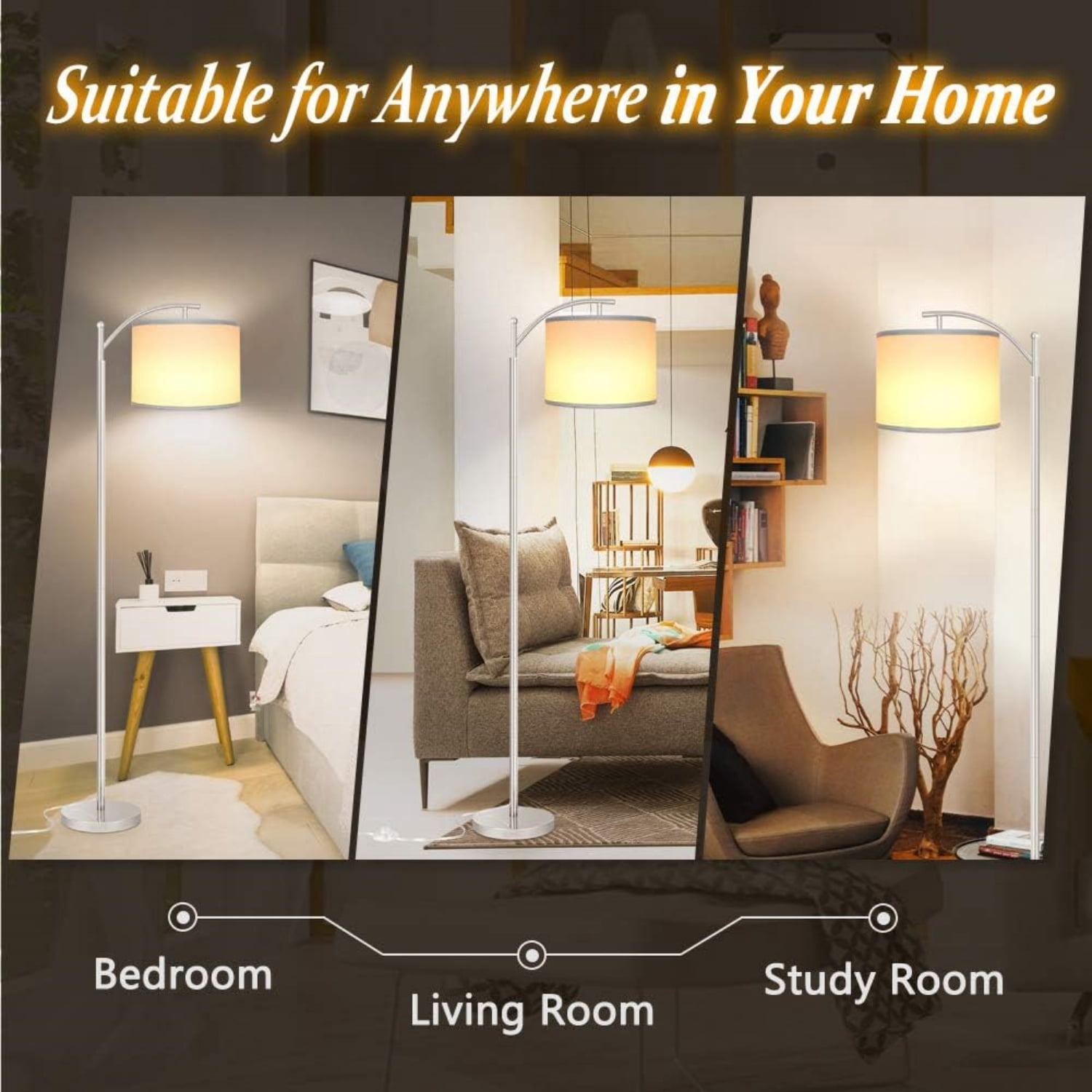 Floor Lamp for Living Room with 3 Color Temperatures LED Bulb, Standing Lamp Tall Floor Lamp Reading for Bedroom, Office (9W LED Bulb, White Lampshade Included) -Silver