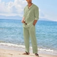 thumbnail image 7 of Men's 2-Piece Casual Vacation Shirt & Pants Set - Solid Color Stand-Up Collar Long Sleeve Button Shirt with Pockets, Drawstring Pants, 7 of 7