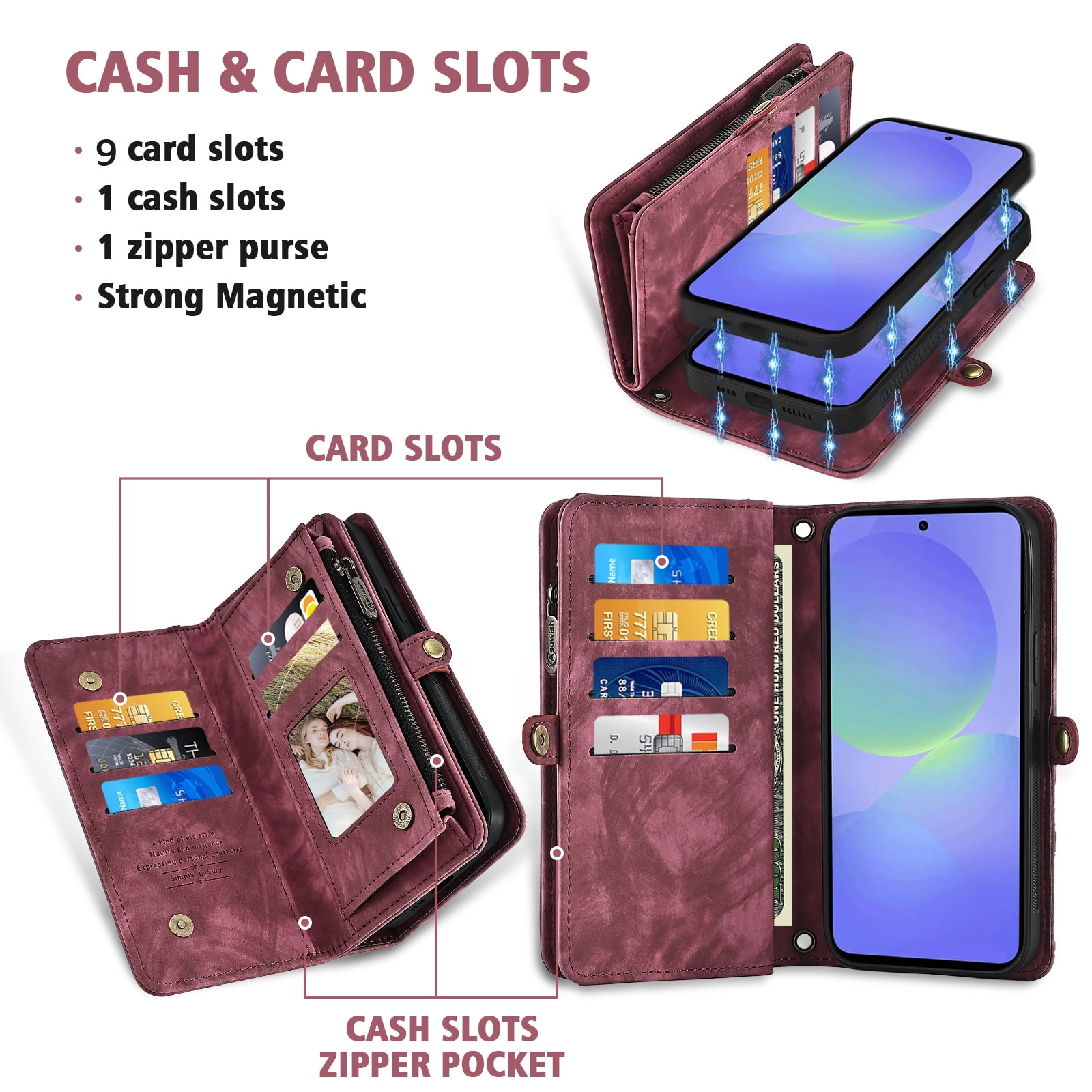 Asuwish Phone Case for Samsung Galaxy A36 5G Zipper Wallet Detachable Cell Cover with Tempered Glass Screen Protector Crossbody Lanyard Strap Flip Card Holder A 36 36A LTE SM-A366U Women Girls Red
