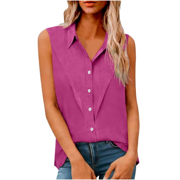 Tank Tops de Verano de las Mujeres Suelto Ajuste Solapa sin Mangas Botón Imitación de la Túnica de Lino, Verano Manga Larga Tops para las Mujeres Blusa Casual