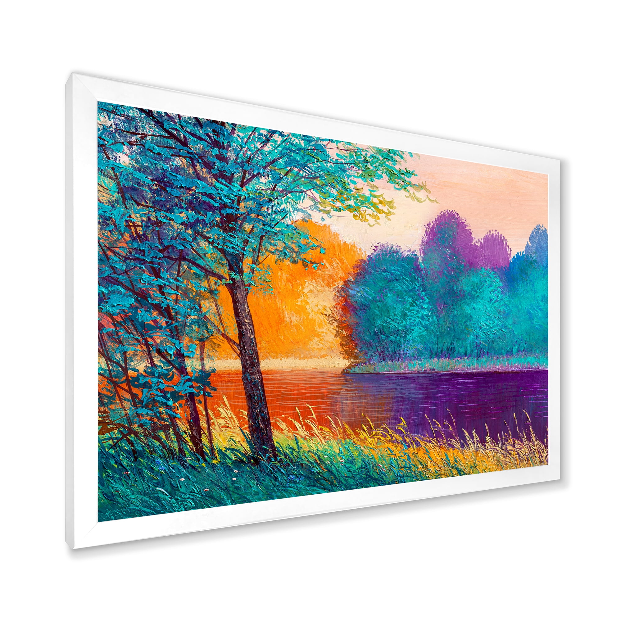 Colorful Trees During Twilight Along River 20 in x 12 in Framed Painting Canvas Art Print, by Designart