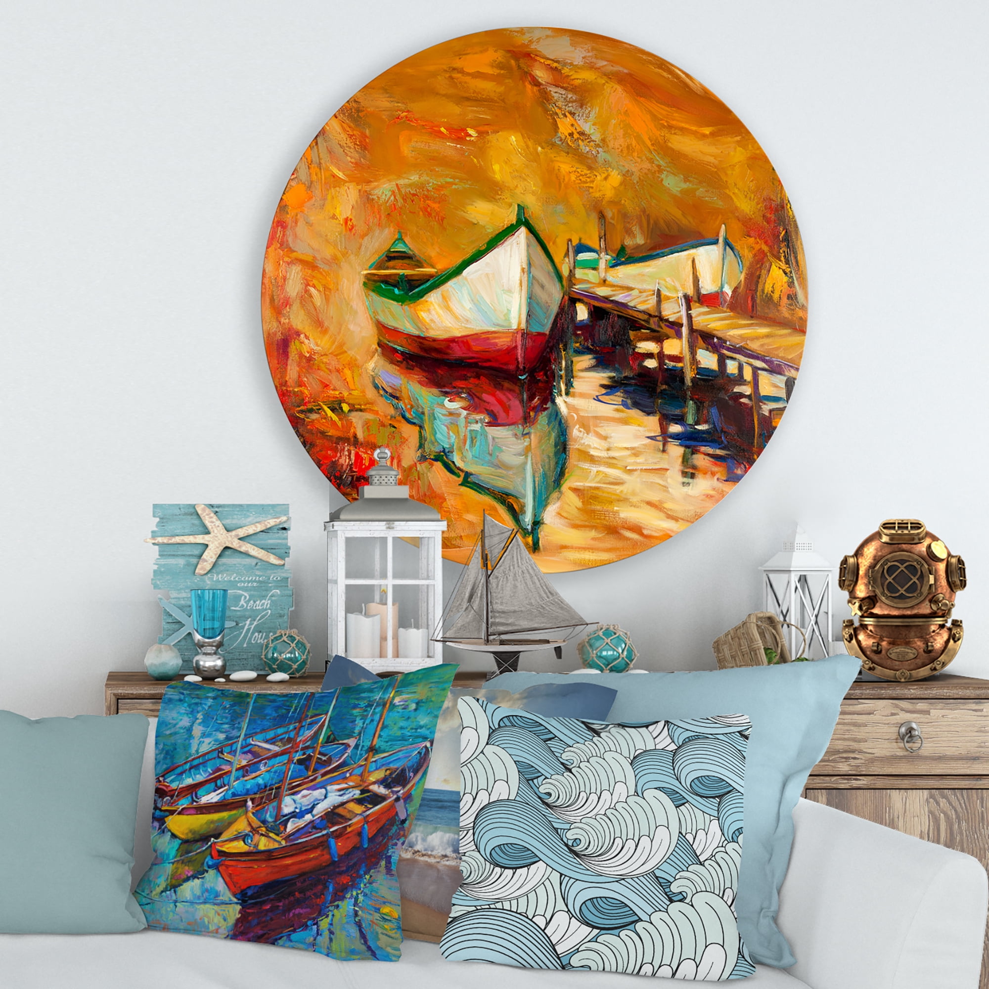 Designart 'Red and White Boats By The Pier' Nautical & Coastal Circle Metal Wall Art 29x29 - Disc of 29